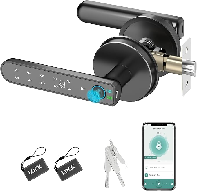 Foxgard Smart Fingerprint Door Lock:Fingerprint Door Knob-Biometric 5-in-1 Finger Print Door Lock-Smart Door Knob for Bedroom-APP Control-Easy Installation–Round Black–1 Pack