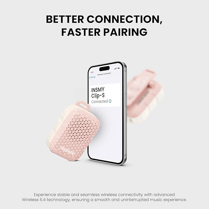 INSMY Wearable Bluetooth Speakers,IP67 Waterproof,Clip-On Portable Small Personal Speaker/Clean Sound/Stereo Pair/Wireless/ENC Built-in Mic/Lightweight for Golf Work Pool Gift (Non-Magnetic) (Pink)