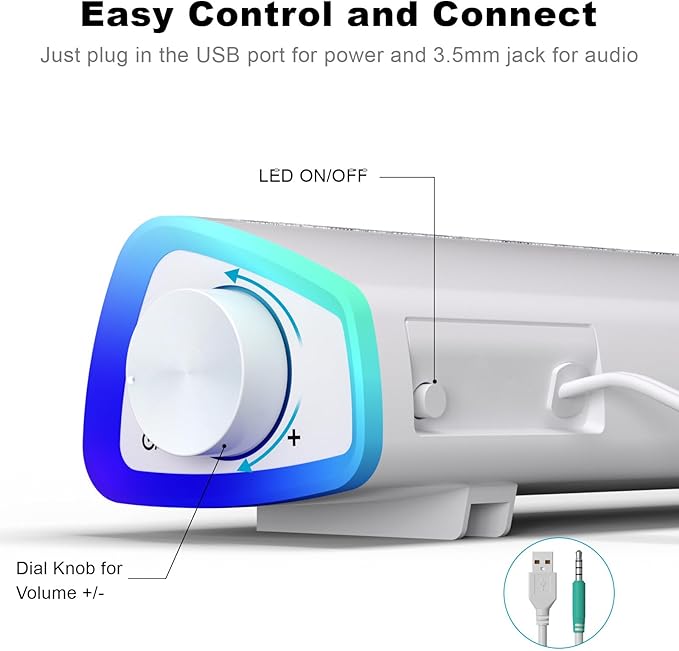 SOULION R30 Computer Speakers, USB Powered 3.5mm AUX Small PC Speaker, Colorful LED Lights with Switch Button, Surround Sound Bar Speaker for Desktop Laptop White