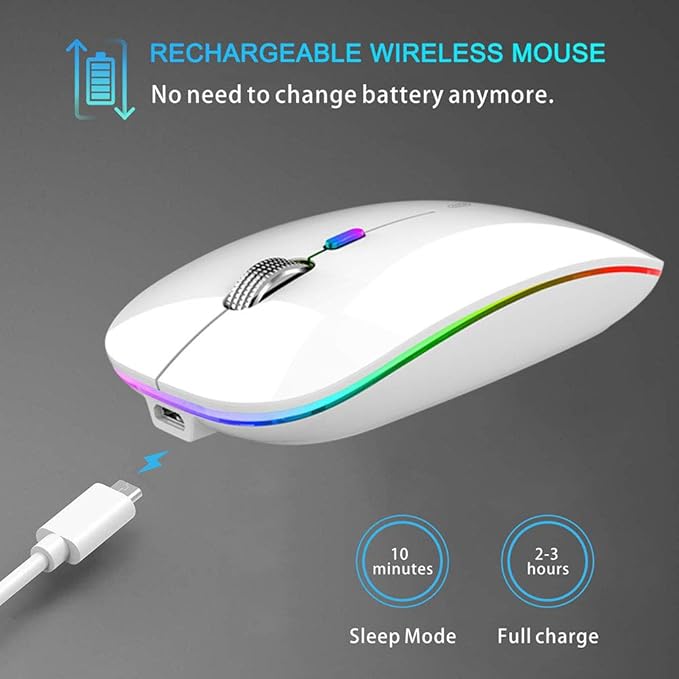 TENMOS Wireless Bluetooth Mouse, LED Slim (Bluetooth 5.1 + USB) 2.4GHz Rechargeable Silent Bluetooth Wireless Mouse with Type C Adapter for Laptop/MacBook/iPad OS 13 and Above (White)