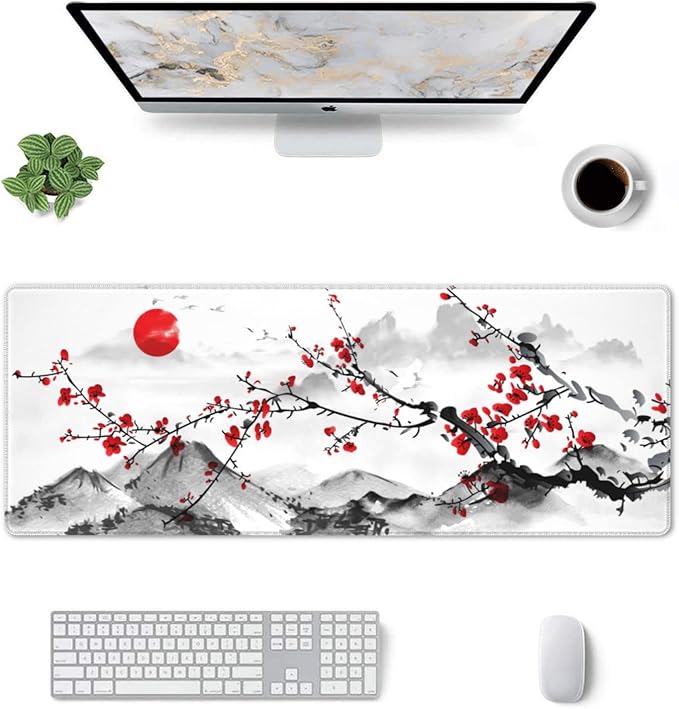 Watercolor Cherry Blossom Mouse Pad 31.5x11.8 Inch Pink Full Desk Japanese Sakura Mousepad Extended Large Non-Slip Rubber Base Waterproof Big Keyboard Mat with Stitched Edges for Gaming and Office