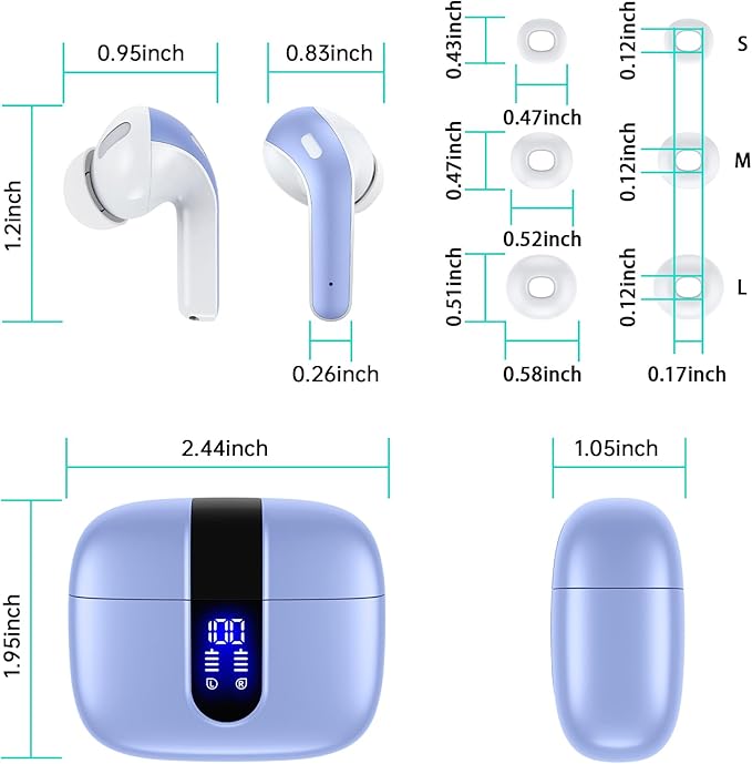 TAGRY Bluetooth Headphones True Wireless Earbuds 60H Playback LED Power Display Earphones with Wireless Charging Case IPX5 Waterproof in-Ear Ear buds with Mic for TV Smart Phone Laptop Computer Sports