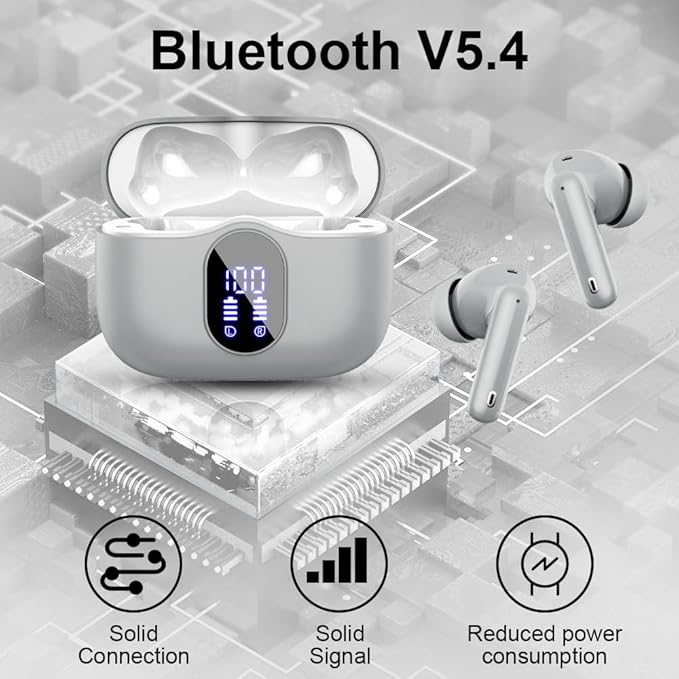 Btootos Wireless Earbuds Bluetooth 5.3 Headphones Bass Stereo Ear Buds with Noise Cancelling Mic LED Display in Ear Earphones IP7 Waterproof 36H Playtime for Laptop Pad Phones Sports Graphite Gray