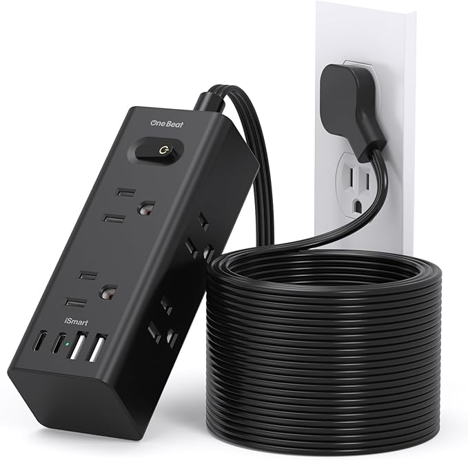 20Ft Extension Cord with Multiple Outlets, Flat Plug Power Strip Surge Protector with 20 Ft Long Cord, 6 Outlet 4 USB Ports (2 USB C), Multi Outlet Wall Plug for College, Dorm Room Essentials(Black)
