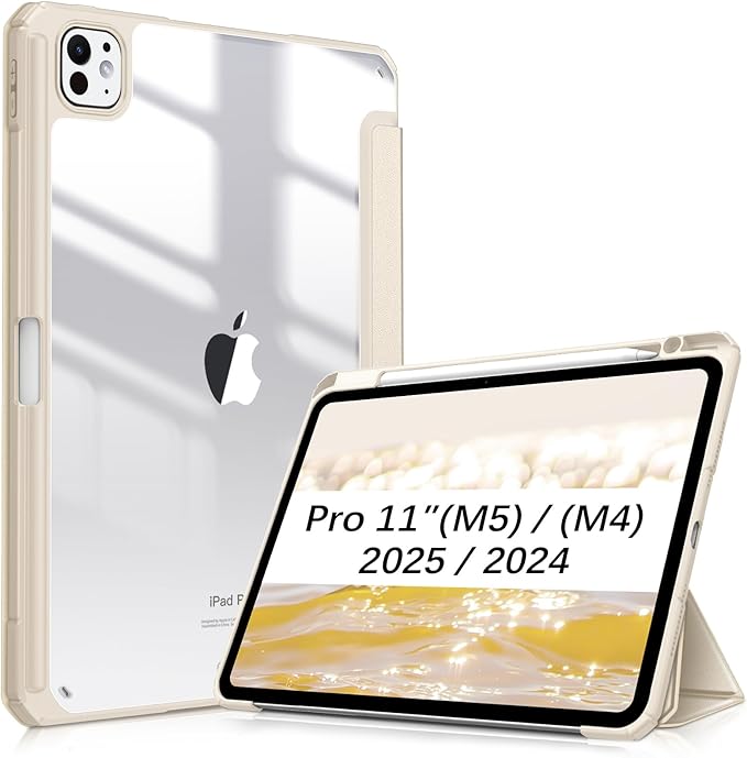 Fintie Hybrid Slim Case for iPad Pro 11-inch (M5) 2025 / (M4) 2024 - [Built-in Pencil Holder] Shockproof Protective Cover with Clear Transparent Back Shell, Starlight