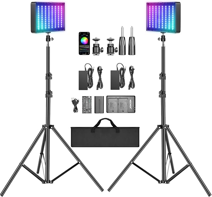 NEEWER 2 Pack RGB Video Light with Tripod Stands NP-F550 Batteries, Studio LED Panel Key Lighting Kit for Game Streaming YouTube Recording Photography Photoshoot Podcast, APP Control/CRI97+, RGB-P280
