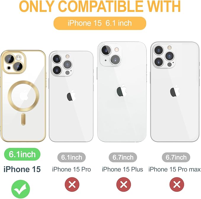 Hython Magnetic Clear for iPhone 15 Case with Camera Lens Protector [Compatible with MagSafe] Luxury Plating Edge Slim Soft TPU Cover Protective Phone Case for iPhone 15 6.1", Matte Gold