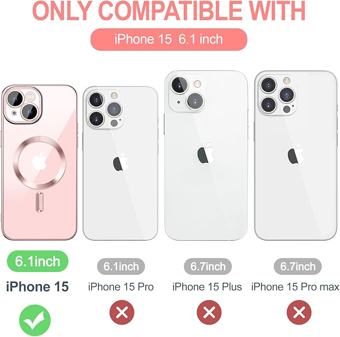 Hython Magnetic Clear for iPhone 15 Case with Camera Lens Protector [Compatible with MagSafe] Luxury Plating Edge Slim Soft TPU Cover Protective Phone Case for iPhone 15 6.1", Pink