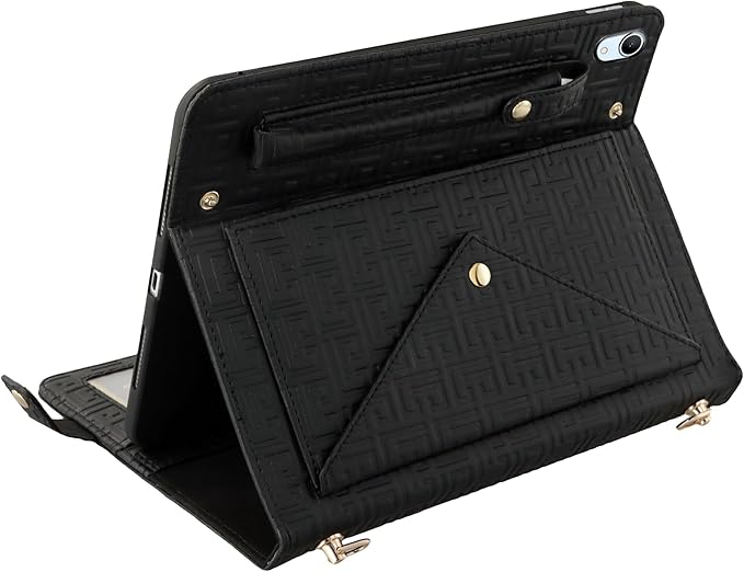 Handbag Case for iPad 11th Gen A16 2025/10th Gen 2022 10.9-inch, Techcircle Elegant Crossbody Folio Stand Wallet Case with Pencil Holder, Card Slots, Hand Strap, Shoulder Strap, Black