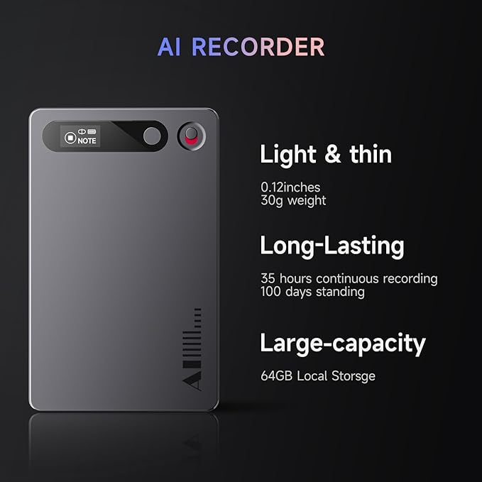 AI Voice Recorder, Note Voice Recorder, App Control, Transcribe & Summarize with AI Technology, Supports 80+ Languages, 64GB Memory Audio Recorder for Lectures, Meetings, Call, Interview (Black)