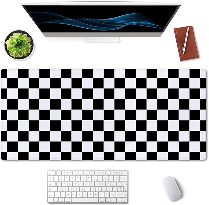 SSOIU Checkered Desk Mat Extended Gaming Mouse Pad (35.5x15.7 in), Large Stable Rubber Base Mousepad with Stitched Edges, Keyboard Mouse Mat Desk Pad for Work, Game, Office - Black White Checkerboard