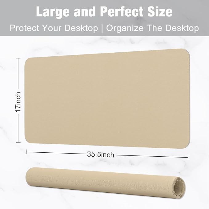 Hsurbtra Desk Pad, 35.5" x 17" PU Leather Desk Mat, XXL Extended Mouse Pad, Waterproof Desktop Blotter Protector, Non-Slip Ultra Thin Large Laptop Keyboard Writing Mat for Office Home, Beige