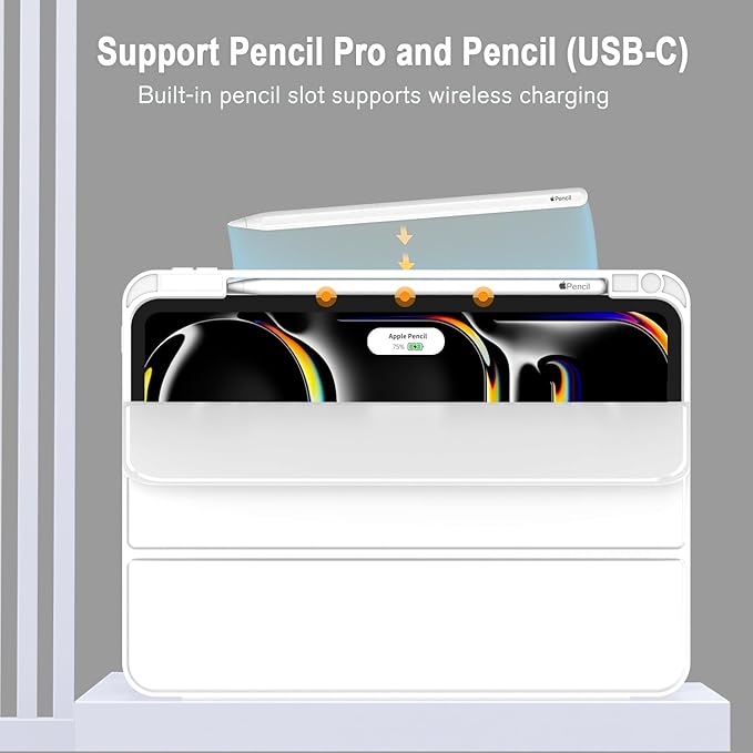 ZryXal New iPad Pro 13 Inch Case (M5) 2025 / (M4) 2024 with Pencil Holder, Smart iPad Case [Support Pencil Pro and Pencil (USB-C)], Support Touch ID and Auto Wake/Sleep (New White)