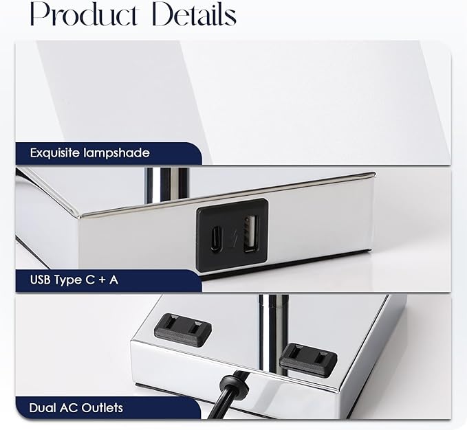 Set of 2 Bedside Table Lamp 3 Way Dimmable Nightstand Lamp with USB C & USB A Charging Port, 2 AC Outlets, 3000K LED Bulbs (White)