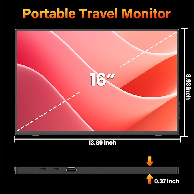 Upperizon Portable Monitor 16 inch 2K QHD 2560X1600 450 Nits 106% sRGB 144 Hz HDR HDMI USB-C Travel Monitor for Laptop Mac PC Surface PS5 Xbox, External Display with Cover & Speakers, VESA Compatible