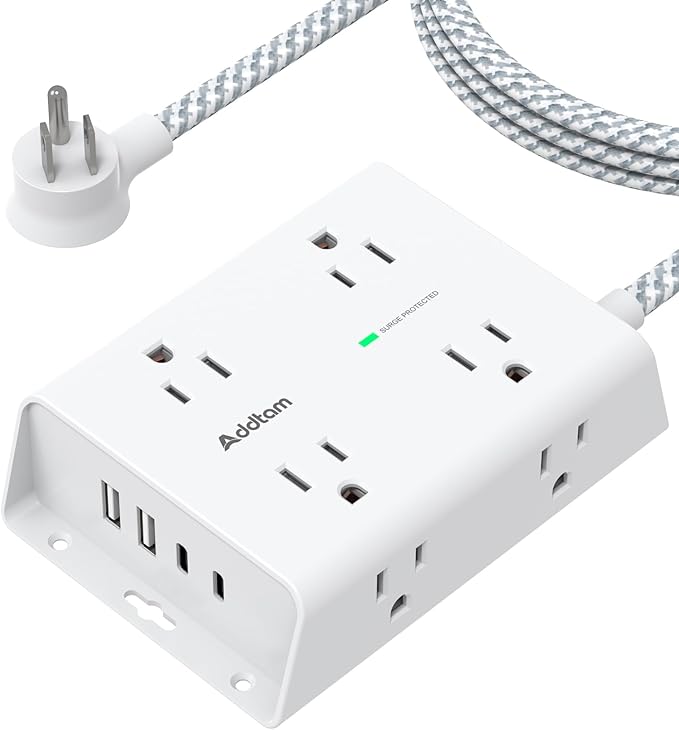 Addtam Surge Protector Power Strip, 8 Widely Outlets with 4 USB Ports (2 USB C), 5ft Extension Cord with Multiple Plug Outlets, 3 Side Outlet Extender, Flat Plug, Wall Mount, ETL, White