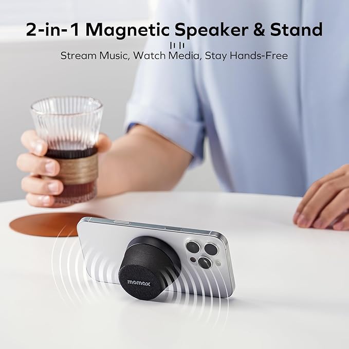 MOMAX Magnetic Portable Bluetooth Speaker, IPX6 Waterproof Mini Shower Speaker, Enhanced Bass, 12H Playtime, TWS Stereo, USB-C Outdoor Speaker, Travel & Gift Ideas, Black