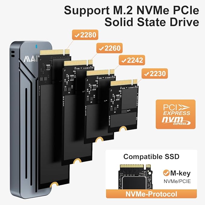 MAIWO M.2 NVMe SSD Enclosure 10Gbps, USB 3.2 GEN2 Support UASP Trim, 8TB Capacity, Aluminium USB C NVMe Reader for 2230/2242/2260/2280 M-Key