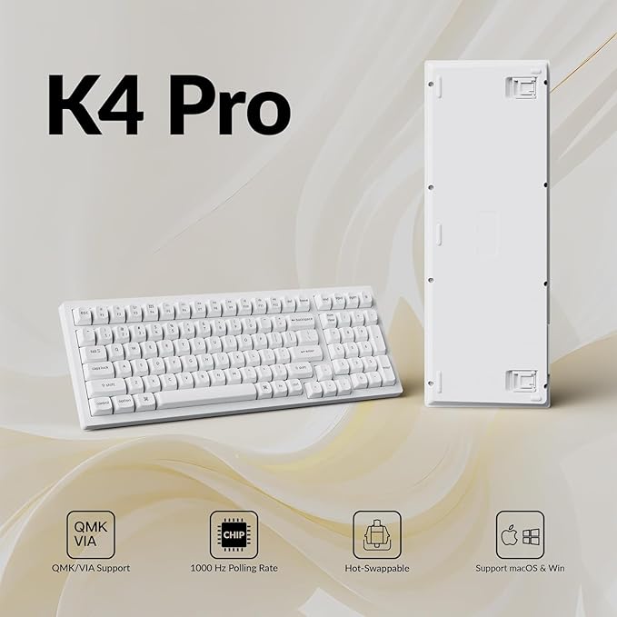 Keychron K4 Pro QMK/VIA Custom Wireless Mechanical Keyboard, Programmable Hot-swappable 100 Keys, RGB Backlight Wired Gaming Keyboard with K Pro Silent Red Switches for Mac/Windows/Linux - White