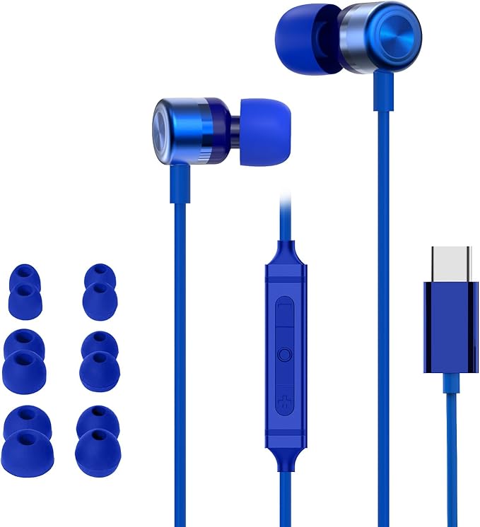 MORMOQUE USB C Headphones for iPhone 15 16 17,for Samsung S20-S23 A53 A54 Type C Wired Earbuds,Built-in Microphone Hi-Fi Bass Earphones,4.9ft Long Cord Magnetic in-Ear Ear Buds with 6 Ear Tips(Blue)