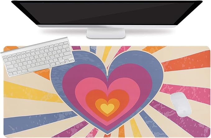 L-SPOUTTO Geometric Heart Desk Mat for Keyboard and Mouse,Abstract XXL Large Mouse Pad,35.4x15.7in Non-Slip Keyboard Pad Waterproof Desktop Mat for Laptop Computer Work Game Home Office-Groovy Heart