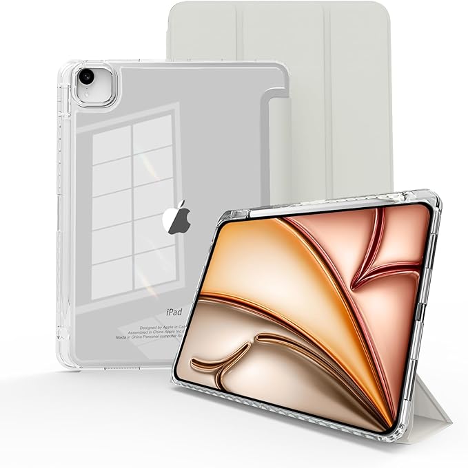 case for iPad Air 13inch M4/M2/3 2024/2025/2026,for iPad Pro 12.9 Case 2022(6th Generation) with Pencil Holder,Trifold Stand with Clear Shell for iPad case Air13 Transparent,Creamy White