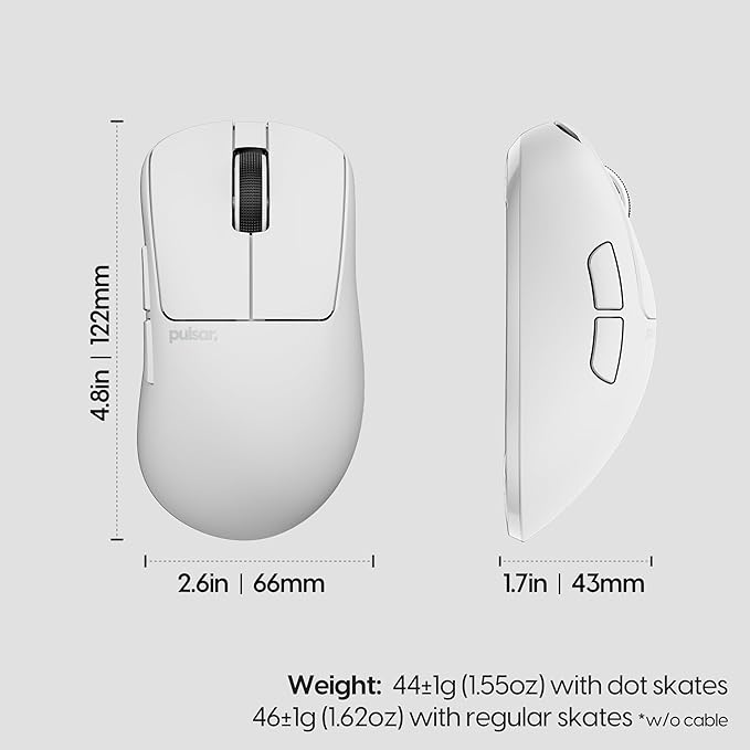 Pulsar Gaming Gears Xlite Crazylight Wireless Gaming Mouse, Ultra Lightweight 1.55 oz (44g), Optical Switch, 32000 DPI, 750 IPS, XS-1 Sensor, 8k Compatible (Medium, Uyuni White)
