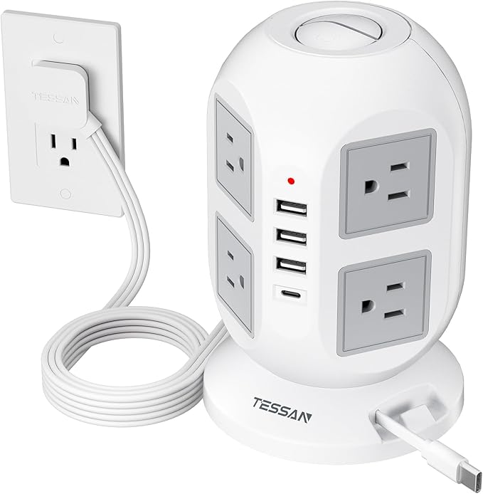 Tower Surge Protector Power Strip 10 ft, Long Flat Extension Cord with Multiple Outlets, 8 AC Outlets with 4 USB Ports, 1 Built-in USB Cable, Charging Station with Surge Protection, for Home Office