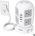Tower Surge Protector Power Strip 10 ft, Long Flat Extension Cord with Multiple Outlets, 8 AC Outlets with 4 USB Ports, 1 Built-in USB Cable, Charging Station with Surge Protection, for Home Office