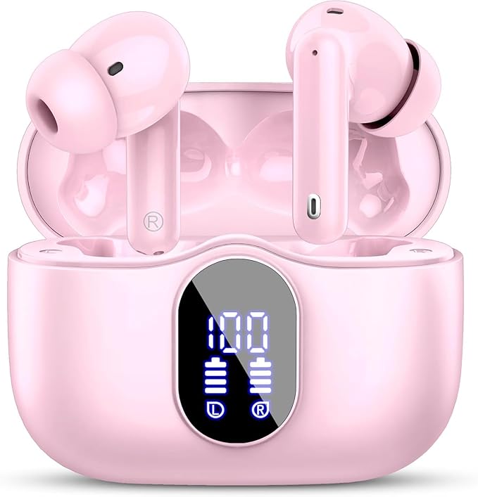 Btootos Wireless Earbuds Bluetooth 5.4 Headphones Bass Stereo Ear Buds with Noise Cancelling Mic LED Display in Ear Earphones IP7 Waterproof 36H Playtime for Laptop Pad Phones Sports Workout Pink