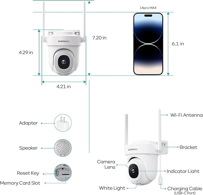 ZUMIMALL 2K Wired Outdoor Camera, 2.4G/5G WiFi Security Camera, 3MP, 24/7 Recording, AI Motion Detection, Cloud & SD Card Storage, 2-Way Audio, 360° PTZ Auto Tracking, Work with Alexa, IP66-2-Pack