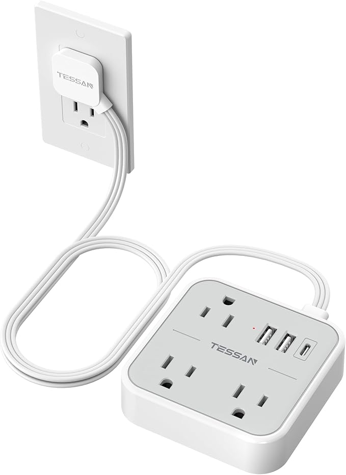 TESSAN Ultra Thin Flat Extension Cord 3 FT, Slim Power Strip with USB Ports (1 USB C), Surge Protector Flat Plug Wall Charger with 3 Outlets for Office, School, Dorm Room Essentials, Grey