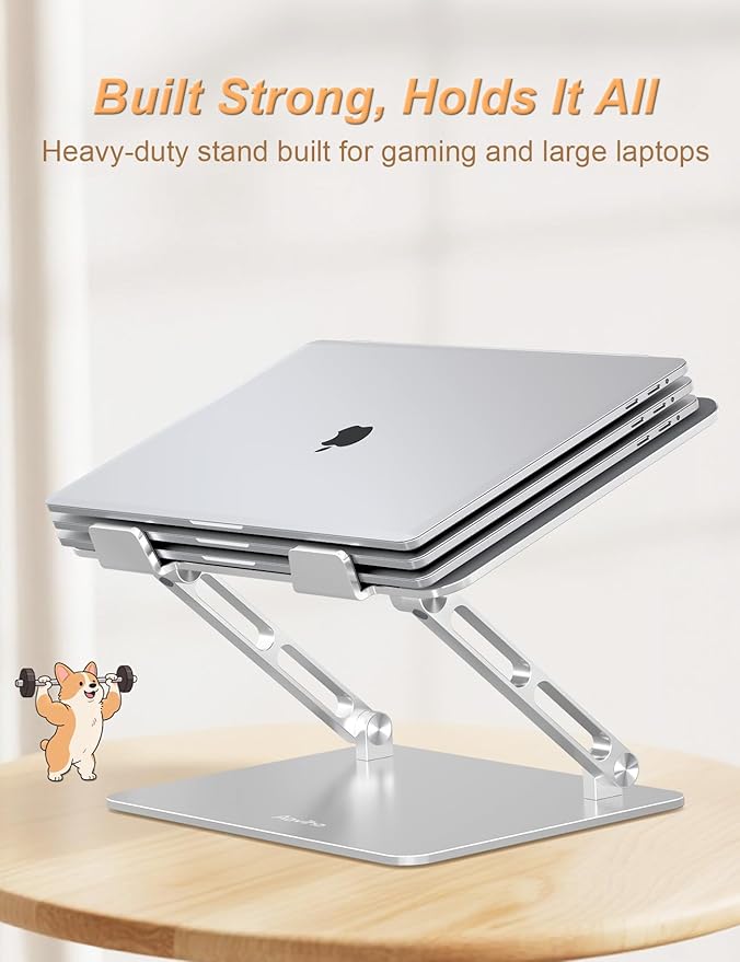 Aoviho Laptop Stand for Desk-Adjustable, Foldable, Portable, Ergonomic Aluminum Notebook Riser with Unique Puppy Cooling Vent, Desk Gift for 10"-17.3" Devices Mac, Dell, HP, Lenovo, Samsung, Silver