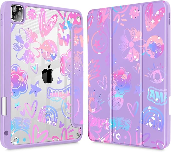 Tuiklol for iPad Pro 12.9 Inch 6th/5th/4th/3rd Generation 2022 2021 2020 2018 Case,Built-in Pencil Holder Clear Transparent Protective Back Shell Cover with Auto Sleep/Wake, Fun Emotions Purple