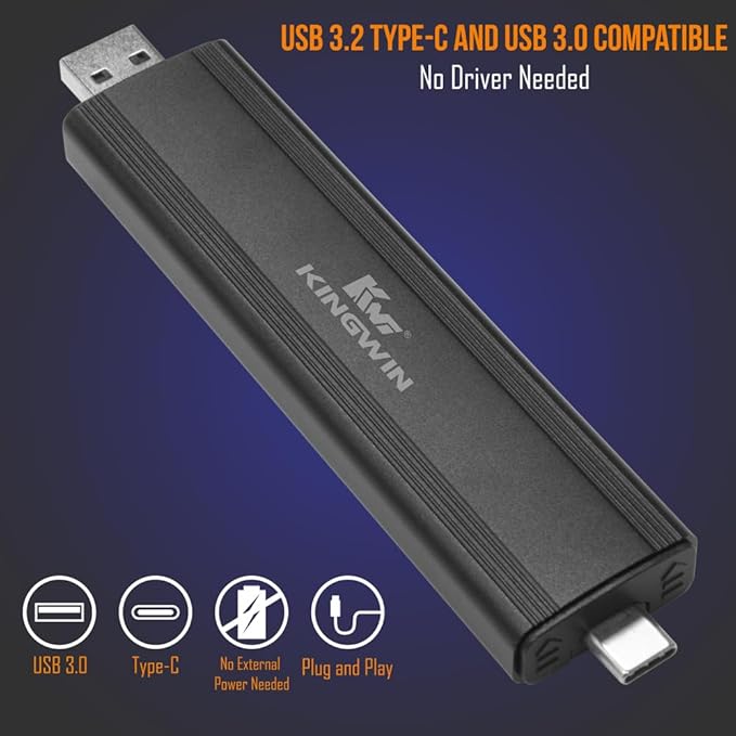 Kingwin M.2 NVMe SSD Enclosure USB 3.2 Gen 2 (10Gbps), Tool-Free, Dual USB-C & USB-A, Aluminum Case for M-Key/B+M Key 2230/2242/2260/2280, External NVMe SSD Adapter for Windows/Mac/Linux