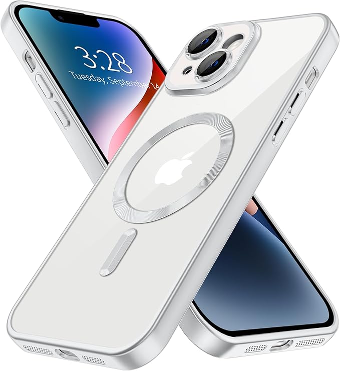 Hython Magnetic Clear for iPhone 14 Case with Camera Lens Protector [Compatible with MagSafe] Luxury Plating Edge Slim Soft TPU Cover Protective Phone Case for iPhone 14 6.1", Matte Silver