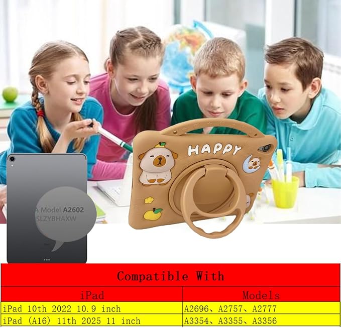 3D Cute Press Capybara Case for iPad 10th Generation (2022) 10.9 inch/iPad (A16) 11th 2025 11”,Kawaii Cartoon Character Capybara Soft Silicone Rotating Stand Case with Lanyard for Kids Girls Women