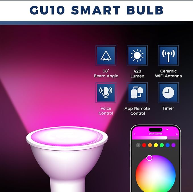 Lightinginside GU10 Smart Light Bulbs 50W Equivalent, 38°Beam Angle, Smart Bulb Compatible with Alexa/Google Assistant/SmartLife, 5W 420LM, RGBCW Spotlight Track Light, 2.4G WiFi, ETL Listed, 1PC