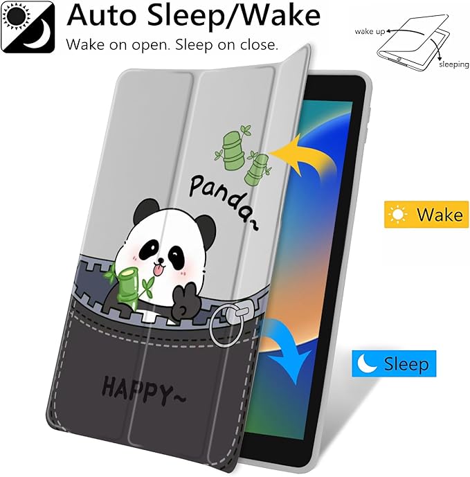 JOYLAND Cute Happy Panda Pattern Case for iPad Air 11 Inch M3(2025)/ M2(2024), iPad Air 5th(2022)/ 4th (2020) Gen 10.9 Inch, Acrylic Hard Back Grey Case with Pencil Holder Trifold Stand Tablet Cover