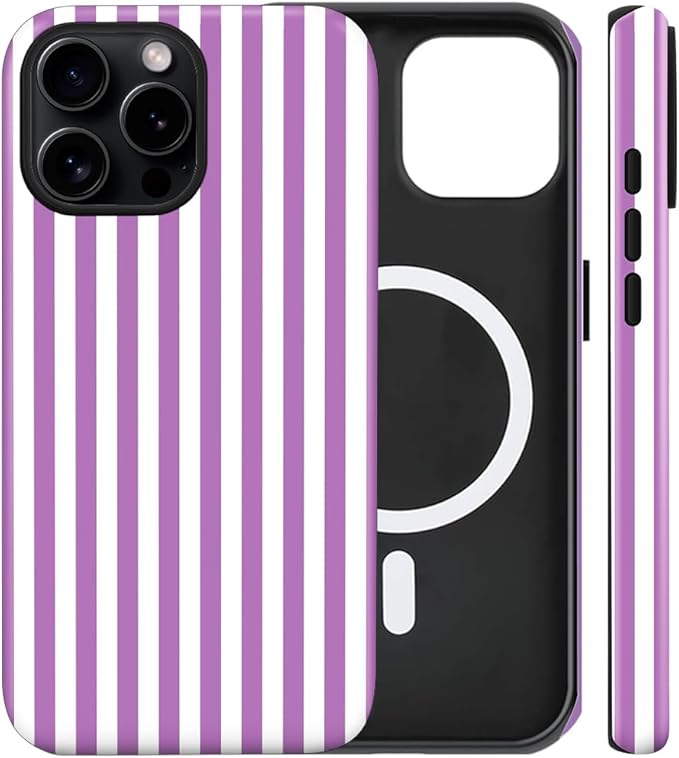 Magnetic for iPhone 13/14 Case Cute Stripes Phone Case, Shockproof Slim TPU and Hard PC Protective Phone Cover Compatible with MagSafe Designed for Women Girls, Purple