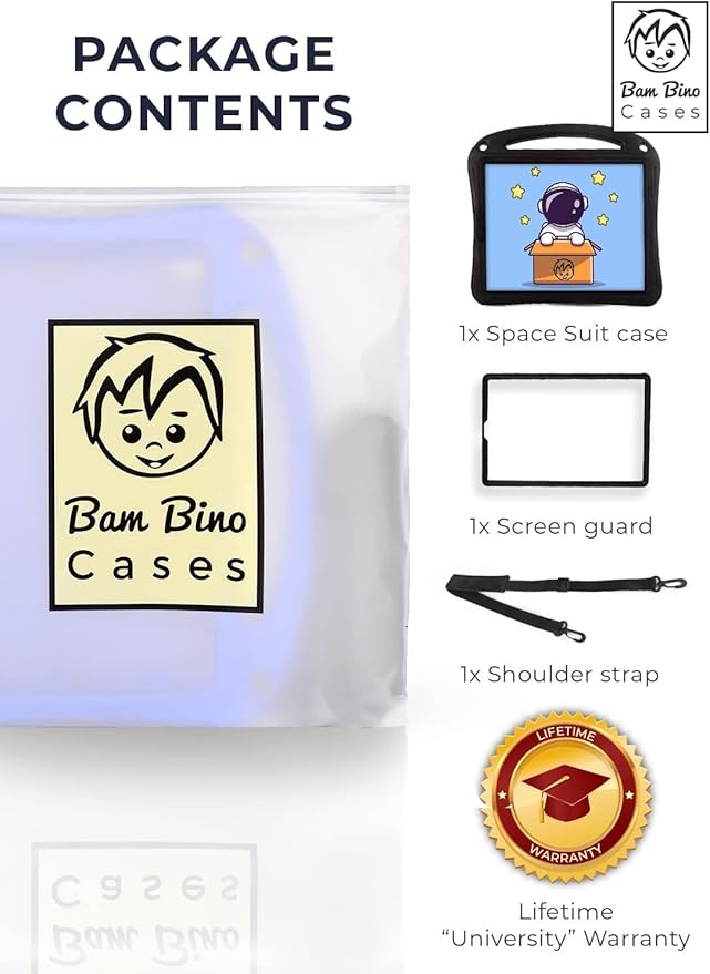 Bam Bino Space Suit, iPad Air 11 Inch Case Kids(M2/M3/M4), iPad Pro 11inch(M4/M5), iPad A16(11thGen), iPad 10thGeneration, Built-in Screen Protector, Handle, Kick Stand, Shoulder Strap (Galactic Blue)