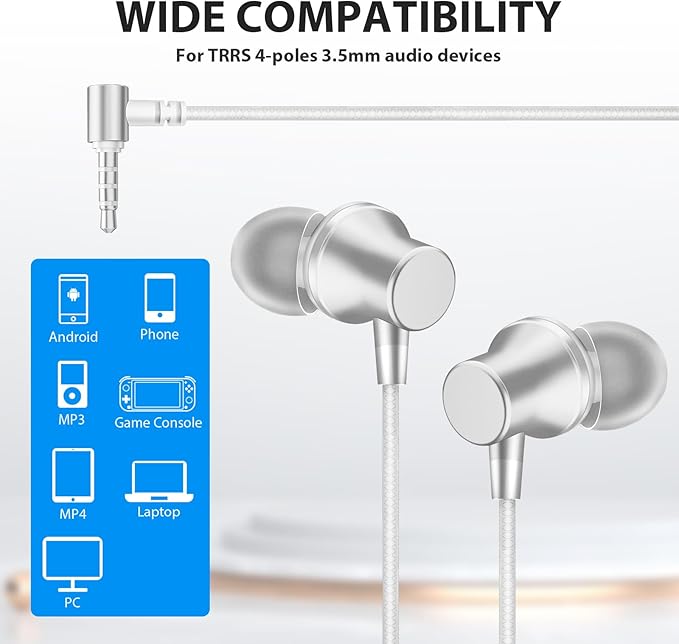 Wired Earbuds for School Chromebook Laptop PC, Noise Isolating Ear Buds with 3.5mm Plug in Audio Jack Microphone HiFi Stereo Wired Headphone Corded Earphone for Kindle Fire School Travel MP3, Silver