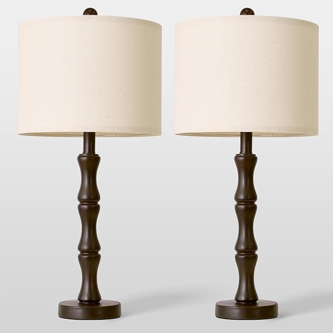BOBOMOMO 25" Classic Table Lamps Set of 2, Farmhouse Nightstand Lamps with Dark Brown Resin Base & Linen Shade, Standard Table Lamps for Bedroom, Living Room, Hallway & House Décor