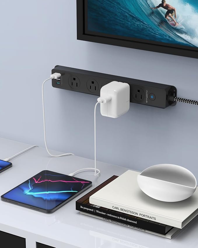 Surge Protector Power Strip with USB C Ports, 5FT Braided Extension Cord, 5 Outlets and 3 USB Ports(1 USB C), AUOPLUS Mountable Power Strips Flat Plug with Overload Protection