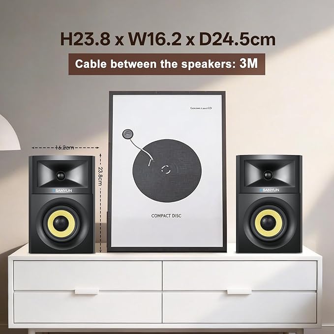 Sanyun SW205 4" 80W HiFi Bookshelf Speakers, 2.0 Active Near Field Studio Monitor, Upgraded 3D Sound Field, Flagship DAC & DSP, Geometric Diffusion Cabinet, Bluetooth 5.4/Optical/AUX, Black