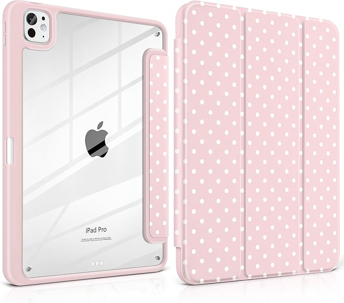Case for iPad Pro 11 Inch (M5 2025 M4 2024) – [Built-in Pencil Holder], Shockproof & Stylish, Clear Hard Back + Soft TPU Edge, Magnetic Trifold Stand, Auto Wake/Sleep, Pink White dot