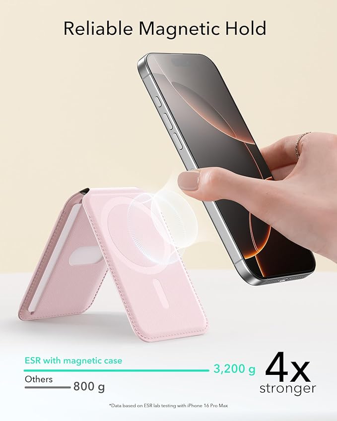 ESR Aura for MagSafe Wallet with Adjustable Stand, RFID Blocking, 5 Card Holder for Phone Case, Slim Magnetic Wallet for iPhone 17e/17/16/15/14/13/12 Series, Not for 13/12 Mini, Bubblegum Pink