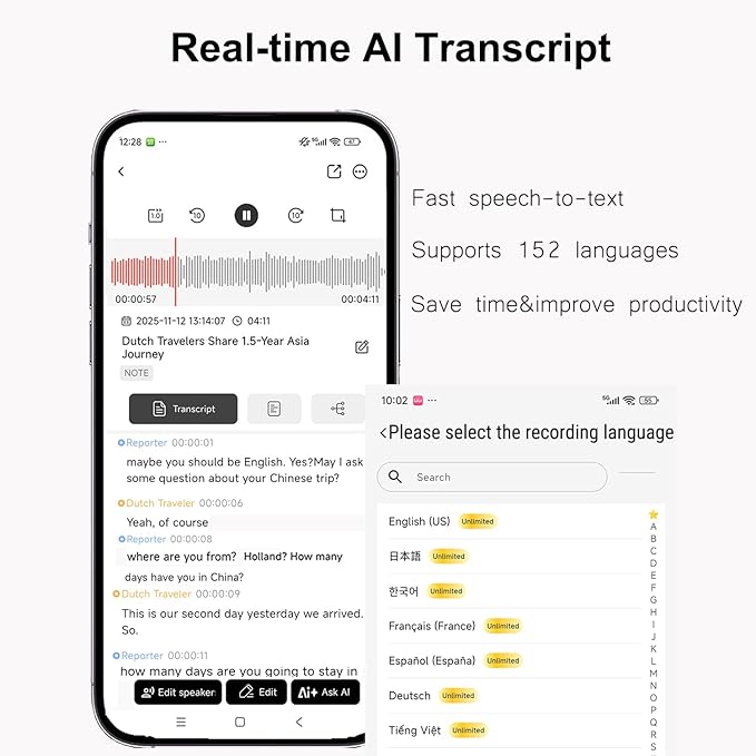 AI Voice Recorder with Transcription and Mind Map, AI Recorder and Transcriber, APP Control, AI Note Taker Recording Device for Lectures,Meetings,Calls, Long Battery, Gray