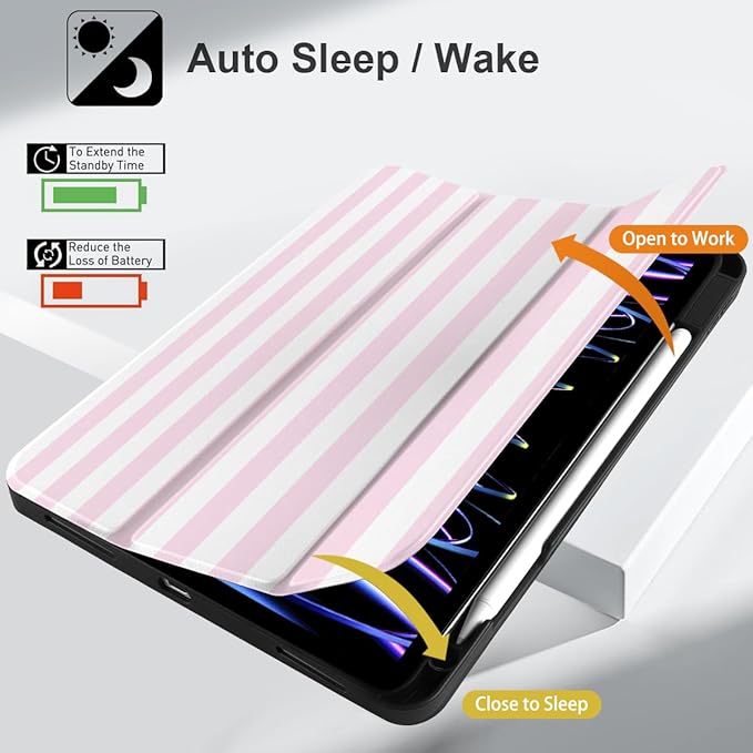DONGKE Case for iPad Pro 12.9 inch 6th Generation 2022, Built-in Pencil Holder + Trifold Stand + Auto Wake/Sleep + Protective Cover for iPad Pro 12.9 5th/4th/3rd Gen- Pink Stripes