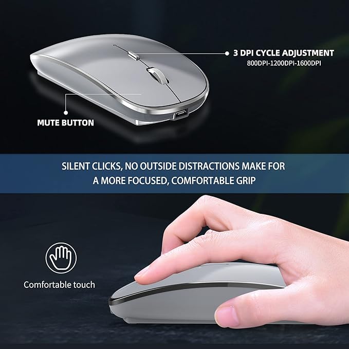 Halpilt Wireless Mouse Chargeable Portable Silent USB and Type-C Dual Mode Wireless Mouse 3 Adjustable DPI for Laptop, Mac, Android, PC (Q23S Black) (Grey)